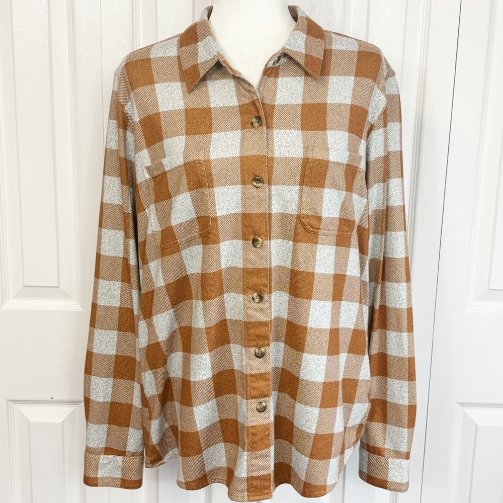 Natural Reflections Gray & Brown Plaid Knit Button Down Shirt Large